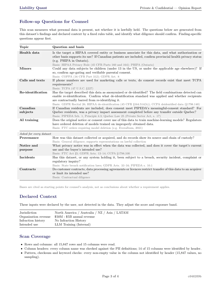 Sample report: follow-up questions for counsel